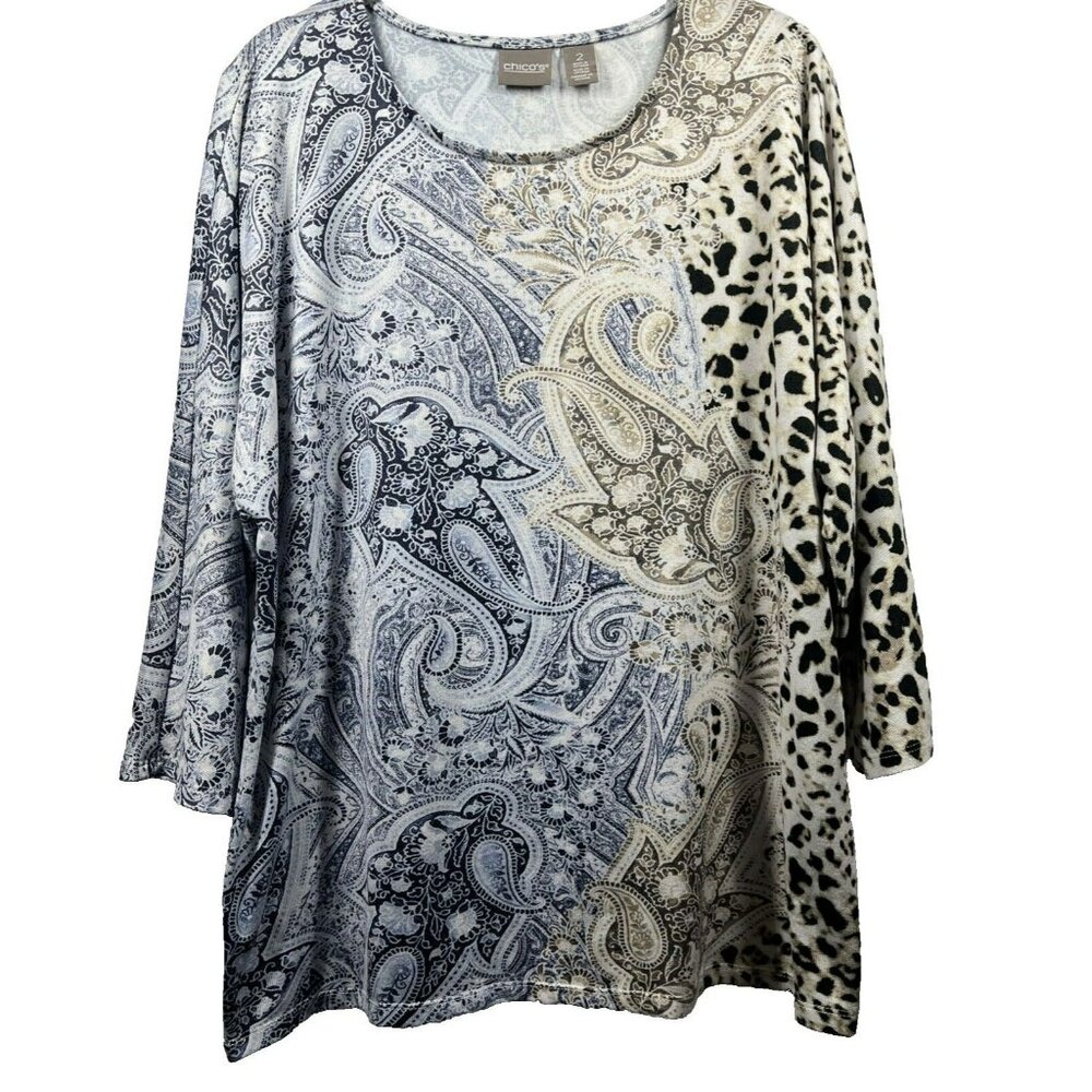 Chicos Women's Top Size Large Blue Brown Leopard‎ Paisley 3/4 Sleeve Pullover
